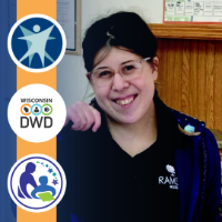 Photo of Angela at her work, wearing her work uniform