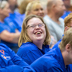 Intern Bailey Durni laughs during Project SEARCH graduation at UW-Platteville.
