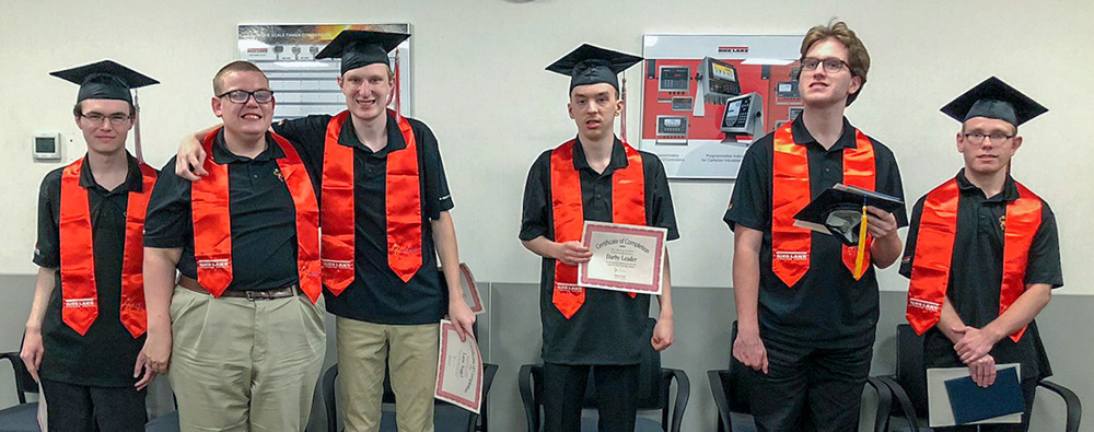 Six Project SEARCH interns at Rice Lake Weighing Systems in Rice Lake graduated on Thursday, June 1. Pictured, from left to right, are: Ryan Tice, Matthew Nowlin, Lane Nagel, Darby Leader, Max Holmes, and Levi Cooper.